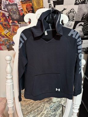 Under Armour Navy Blue Kids Pullover Hoodie with Sleeve Lettering
